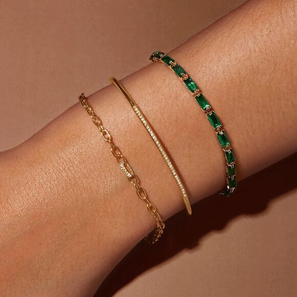 Adjustable Tennis Bracelet 14K Gold Plated Cubic Zirconia Bracelet Emerald Gift - Picture 5 of 6